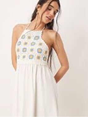 ASOS Design Crochet Bodice Halter Floral Granny Square Midi Dress 4